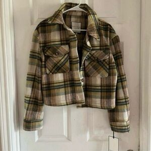 Bagatelle Plaid Oversized Cropped preppy retro Fleece Jacket Shacket Relaxed fit